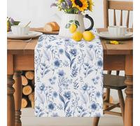 Spring Florals Table Runner 16x72 Inches Long Blue Orchids Plant Leaves Cotton Linen Table Runner Burlap Style for Dinner Table Party Decor Tabletop Decorations