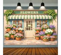 Spring Flower Backdrop Black White Striped Awning Mint Green Wall Pastel-Colored Flowers Bicycle Background for Wedding Baby Kids Portrait Birthday Party Photo Studio Props (C, 7X5FT)