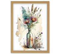 Spring Flower Bouquet In Glass Wine Bottle Vase Artwork Framed Wall Art Print A4 Artery8 Light Oak One Size