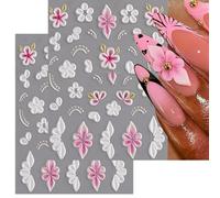 Spring Flower Nail Art Stickers 5D Embossed Florals Design Pink White Petals Acrylic Decals Accessories Summer Supplies for Women DIY Decorations 2 Sheets