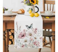 Spring Flower Table Runner 13x90 Inches Long Retro Daisy Cosmos Leaves Butterfly Pastoral Cotton Linen Table Runner Burlap Style for Dinner Table Party Decor Tabletop Decorations