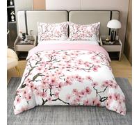 Spring Flowers 100% Nature Cotton Duvet Cover Cherry Blossom Floral Comforter Cover Single Size with 1 Pillowcase Japanese Style Aesthetic Luxury Bedding Set (No Filler)