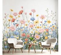 Spring Flowers And Meadows Wall Mural, 350x256cm Photo Wallpaper Silk Premium Art Print Poster Picture Design Wildflowers In Full Bloom Wall Covering for Living Room Bedroom Kitchen, Light Green