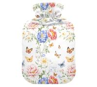 Spring Flowers Butterflies White Water Bottle for Hot Water with Soft Cover, 1L Warmer Bag for Neck Shoulder Warmer