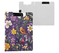 Spring Flowers Daffodil Phlox Birds Purple Clipboard Foldable Double Clips Pen Holder Clip Board with Hard Cover Clipboard Folio Stationery Supply