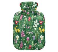 Spring Flowers Deep Green Water Bottle for Hot Water with Soft Cover, 1L Warmer Bag for Hand Feet Warmer