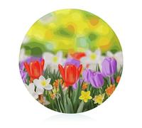 Spring Flowers Glass Cutting Board 7.9 Inch Round Food Chopping Block Personalized Scratch Resistant Decorative Chopping Board for Kitchen