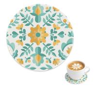 Spring Flowers Leaves Heat Resistant Cup Mats Coaster 2 Pack, Teal Yellow Floral Leaf Round Mugs Coasters for Garden Tables, Kitchen Cups Mat Coffee Table Decor, Gift for Friend Mate, 4 Inch