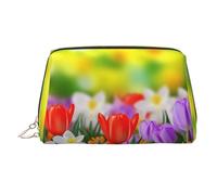 Spring Flowers Makeup Bag for Women Cosmetic Bags Leather Travel Makeup Case Organizer Waterproof Make up Pouch Open Flat Toiletry Bag Portable Storage Pouch for Travelling, Gold, One Size