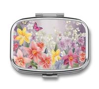 Spring Flowers Pill Box 2 Compartments Portable Travel Pill Case Mini Medicine Organizer for Pocket Purse Metal Waterproof Medicine Container Holder Vitamin Fish Oil