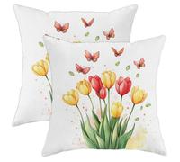 Spring Flowers Pillow Covers Set of 2, Red and Yellow Tulips Decorative Throw Pillow Cases, Floral Cushion Covers for Sofa Home Decor, Perfect for Spring and Easter 18x18 Inch