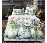 Spring Flowers Quilt Cover 3D Design Printed Easy Care 3-Piece Bedding Set Zipper Watercolor Garden Duvet Cover Hotel Quality Breathable for Teens Adults Women Kids Girls Boys Single（135x200cm）