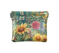 Spring Flowers Rose Sunflower Bees Teal PU Leather Change Purse Waterproof Makeup Bag Change Purse for Women Travel, spring Flowers Rose Sunflower bees Teal, One Size, Print Art