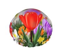 Spring Flowers Shower Cap For Women Reusable Double Layers Bathing Bath Cap Hair Caps Waterproof Elastic Band Ladies Spa Salon Shower Hat Hair Caps