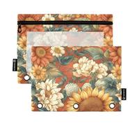 Spring Flowers Sunflower Dahlia Daylily Terracotta Binder Pocket Clear Pencil Bag for 3 Rings Folder with Zipper for Student Ofhce Supplies