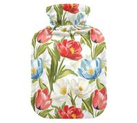 Spring Flowers White Red Hot Waterbottle with Soft Cover, 1L Hotwater Bag for Hot and Cold Therapies