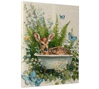 Spring Forest Animal Canvas Art, Green Brown Fawn and Butterfly Prints, Nature Wall Decor For Living Room, Bedroom, Bathroom, Dorm, Wrapped Canvas 8x10 Inch