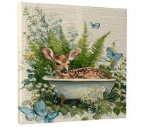 Spring Forest Animal Canvas Art, Green Brown Fawn and Butterfly Prints, Nature Wall Decor For Living Room, Bedroom, Bathroom, Dorm, Wrapped Canvas 12x12 Inch