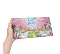 Spring Forest Cherry Blossom Path Easter Aluminum License Plate 6 X 12 Inch Metal Car Novelty Vanity Decoration Front License Plate Cover Car Decor Accessory