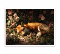 Spring Fox Canvas Wall Art, Sleeping Fox in Rose Garden, Cottagecore Animal Print for Bedroom Nursery Animal Wall Decor 8x10in Unframed