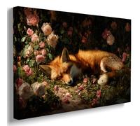 Spring Fox Canvas Wall Art, Sleeping Fox in Rose Garden, Cottagecore Animal Print for Bedroom Nursery Animal Wall Decor 24x36in Wood Frame