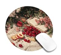 Spring Fruit Floral Desk Mouse Pad, Red Cherries Fruits Design Stitched Edge Mousepad, Rubber Non-Slip Washable Gaming Mouse Pad for Home and Office Computer, Laptop Round 8x8 Inch