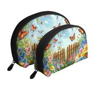 Spring Garden Butterfly Printed Makeup Bags 2-Piece Portable Shell Travel Toiletry Bag