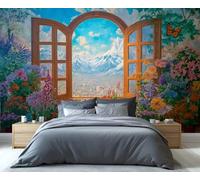 Spring Garden Window Floral Wallpaper Nature Landscape Kids Wallpaper Blooming Flowers Butterfly Wall Mural for Girls Bedroom Kids Living Room 280X200cm