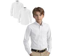 Spring&Gege 2-Pack Boys Long Sleeve Uniform Cotton Twill Button Down Shirt for Children,White (13-14 Years)
