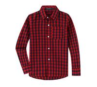 Spring&Gege Boys' Long Sleeve Plaid Poplin Button Down Shirt School Uniform Dress Shirts, Large Check Gingham Navy Blue and Red, 9-10 Years