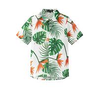 Spring&Gege Boys' Short Sleeve Button Down Fun Hawaiian Shirt Cartoon Print Aloha Dress Shirts, Orange Flower Monstera Leaf, 5-6 Years