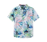 Spring&Gege Boys' Short Sleeve Button Down Fun Hawaiian Shirt Cartoon Print Aloha Dress Shirts, White Leaf, 11-12 Years