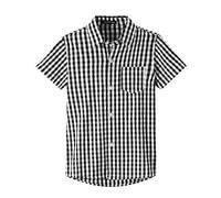 Spring&Gege Boys' Short Sleeve Poplin Button Down Shirt Cotton Plaid Uniform Dress Shirts, Black Large Check Gingham, Size 9-10 Years
