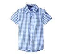 Spring&Gege Boys' Short Sleeve Poplin Button Down Shirt Cotton Plaid Uniform Dress Shirts, Blue Large Check Gingham, Size 9-10 Years