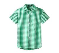 Spring&Gege Boys' Short Sleeve Poplin Button Down Shirt Cotton Plaid Uniform Dress Shirts, Green Large Check Gingham, Size 7-8 Years