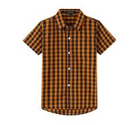 Spring&Gege Boys' Short Sleeve Poplin Button Down Shirt Plaid Uniform Dress Shirts, Large Check Gingham Navy Blue and Orange, 7-8 Years