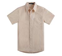 Spring&Gege Boys' Short Sleeve Solid Formal Cotton Twill Dress Shirts Light Beige 7-8 Years