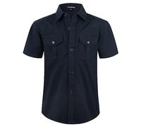 Spring&Gege Boys' Solid Short Sleeve Western Shirts Woven Button Down Shirts for Kids with Two Pockets, Navy Blue, Size 11-12 Years