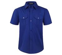 Spring&Gege Boys' Solid Short Sleeve Western Shirts Woven Button Down Shirts for Kids with Two Pockets, Royal, Size 9-10 Years