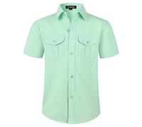 Spring&Gege Boys' Solid Short Sleeve Western Shirts Woven Button Down Shirts for Kids with Two Pockets, Aqua, Size 13-14 Years