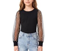 Spring&Gege Girls Long Sleeve Chiffon Top with Pearl Polka Dot Details, Lantern Sleeve Round Neck Blouse Kids Pullover Shirts Elegant Sweet Mesh Patchwork Tops for Girls 7-14 Years