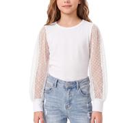 Spring&Gege Girls Long Sleeve Chiffon Top with Pearl Polka Dot Details, Lantern Sleeve Round Neck Blouse Kids Pullover Shirts Elegant Sweet Mesh Patchwork Tops for Girls 7-14 Years