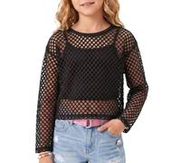 Spring&Gege Girls Mesh Long Sleeve Blouse, Sheer Fishnet See Through T-Shirt, Neon Hollow Out Crop Top, Y2K Retro Rave Party Summer Beach Cover Up Outfit