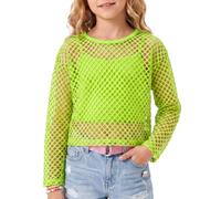 Spring&Gege Girls Mesh Long Sleeve Blouse, Sheer Fishnet See Through T-Shirt, Neon Hollow Out Crop Top, Y2K Retro Rave Party Summer Beach Cover Up Outfit