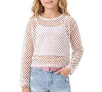 Spring&Gege Girls Mesh Long Sleeve Blouse, Sheer Fishnet See Through T-Shirt, Neon Hollow Out Crop Top, Y2K Retro Rave Party Summer Beach Cover Up Outfit