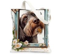 Spring German Wirehaired Pointer Canvas Tote Bag for Shopping 13 * 15, Funny Floral Windows Reusable Grocery Bag for Women, Dog Work Travel Pattern Gift Decor