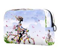 Spring Girl Rading a Bike Flower Butterfly Cosmetic Bag for Women, Travel Toiletries Bags Large Makeup Handy Pouch Organiser Bag with Zipper