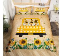 Spring Gnome Duvet Cover Double Sweet Honey Bees Truck Loads Gnomes Bedding Set For Teens Youth Rustic Sunflowern Daisy Comforter Cover Vintage Flowers Bed Cover With 2 Pillow Sham