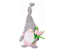 Spring Gnomes Decor, Mother's Day Plush Gnomes, Handmade Swedish Tomte Elf Dwarf Gnome Figurines with Pink Tulips Stuffed Plush Faceless Ornament Gifts (Grey)