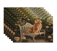 Spring Golden Retriever Dog Placemats Set of 6, 12''x18'', Romantic Floral Bench 6Pcs Washable Table Mats for Home Dinning, Pet Holiday Party Kitchen Decoration